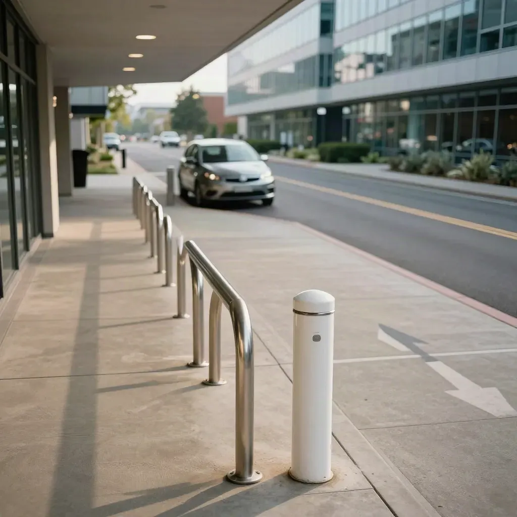 Acceso empresarial con aparcabicis, coche eléctrico y carril peatonal ordenado
