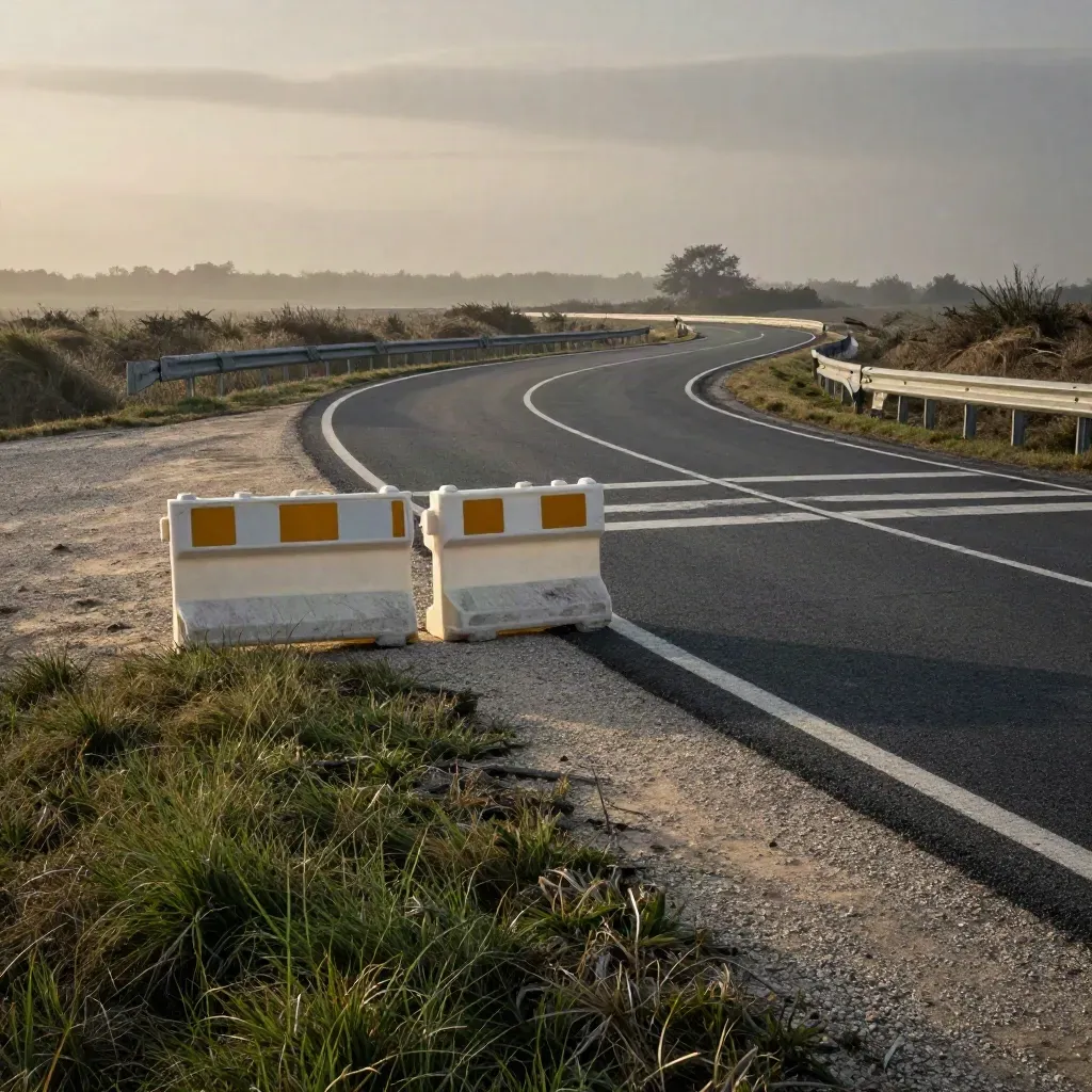 Intersección rural con barreras portátiles y curva ciega junto al arcén.