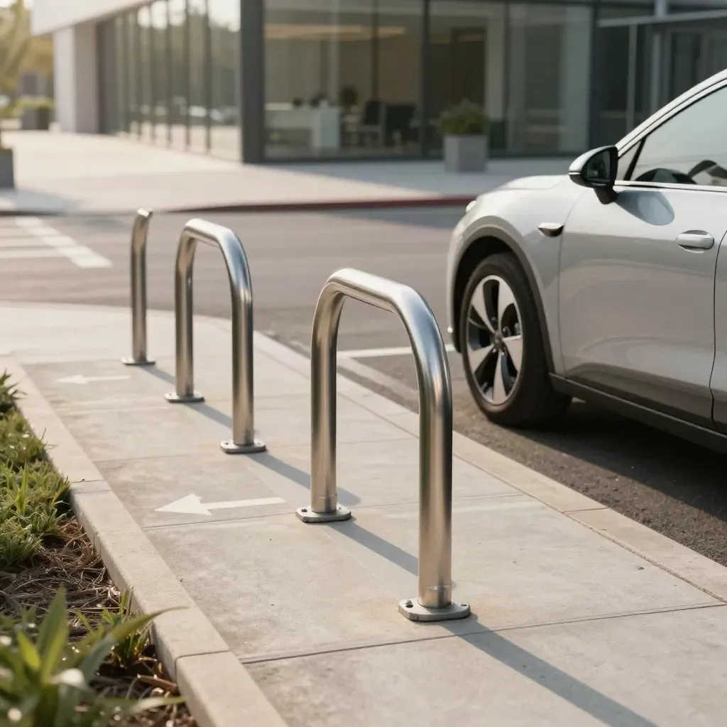 Acceso de oficina con aparcabicis, coche eléctrico y pavimento direccional limpio.