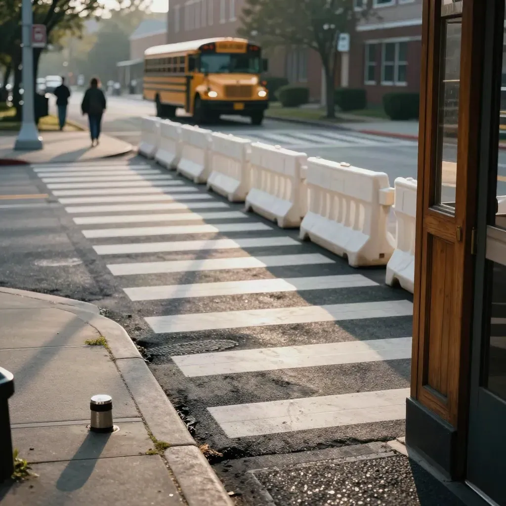 Acera escolar con paso de cebra, vallas temporales y autobús escolar al fondo desenfocado